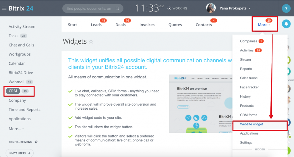 Widget trang web: trò chuyện, hình thức web và gọi lại